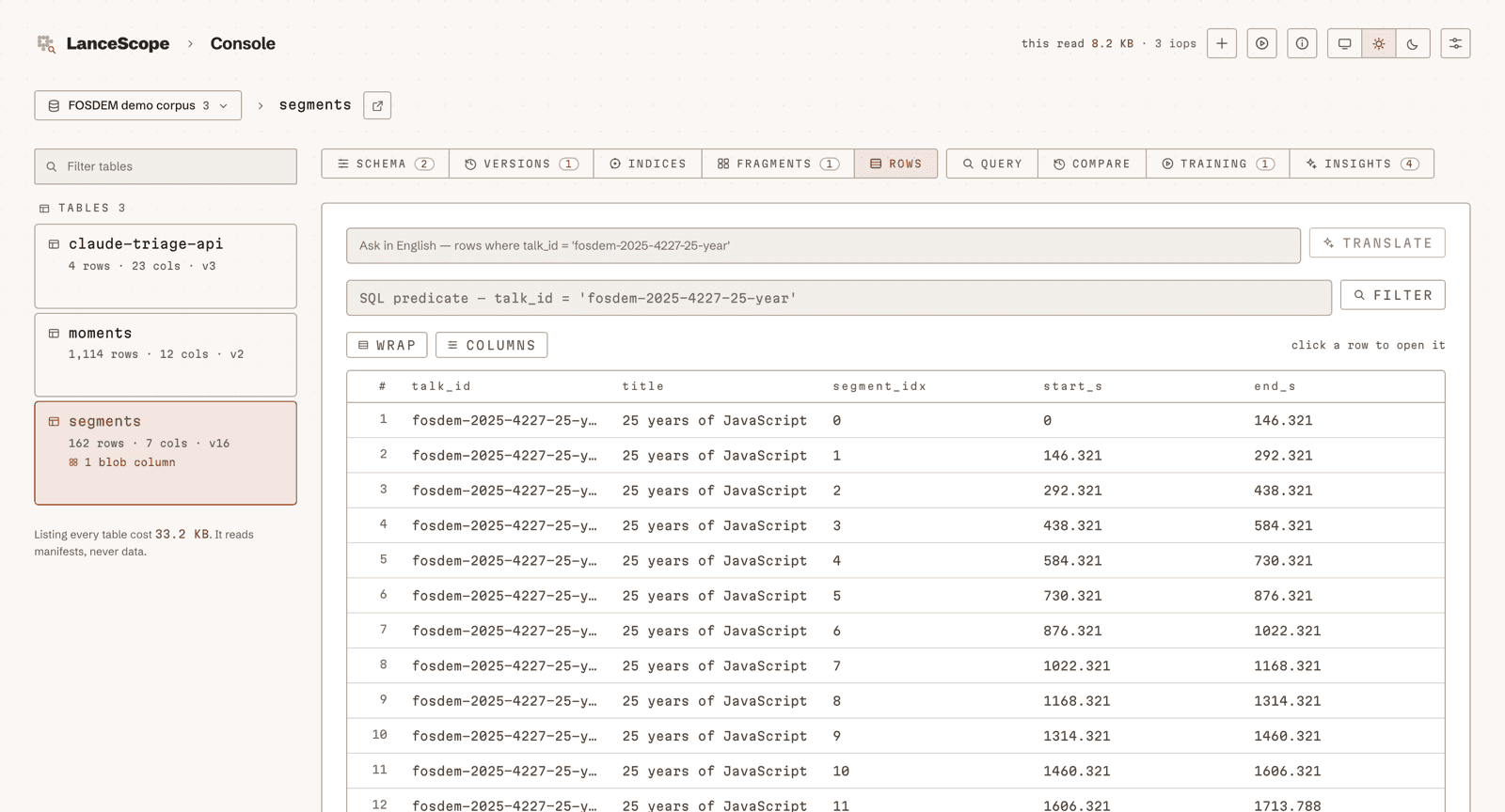 The rows tab on the segments table, showing a plain-English question box above an SQL predicate box, with rows listed below and a read cost of 8.2 KB across 3 IOs