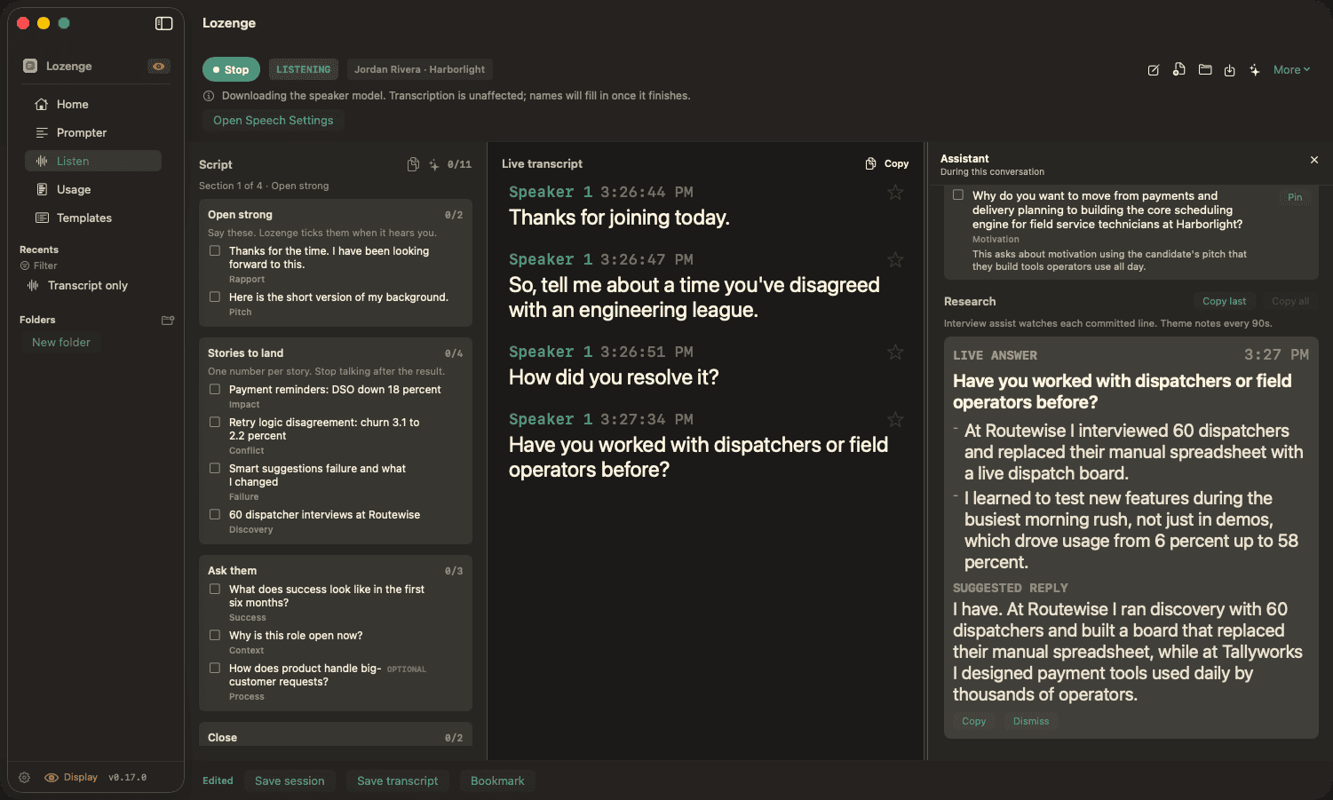 Lozenge in Listen mode during a mock interview. Prepared questions with checkboxes on the left, a live transcript in the middle, and a live answer card on the right responding to the question just asked.